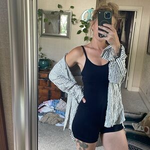 Jane + Delancey Coastal Gray Blue and White Striped Button Down Shirt